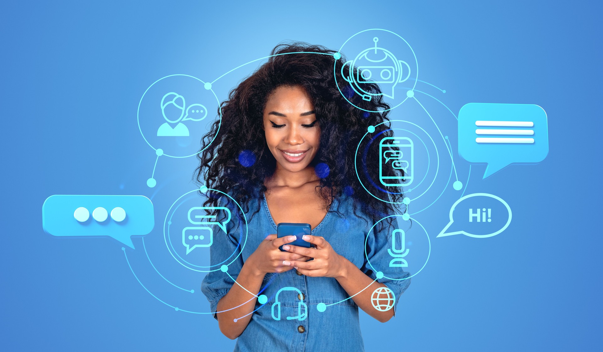 Black young woman using smartphone and Chatbot, online AI assistant